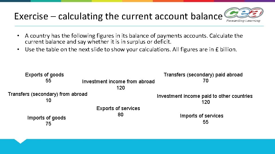 Exercise – calculating the current account balance • A country has the following figures