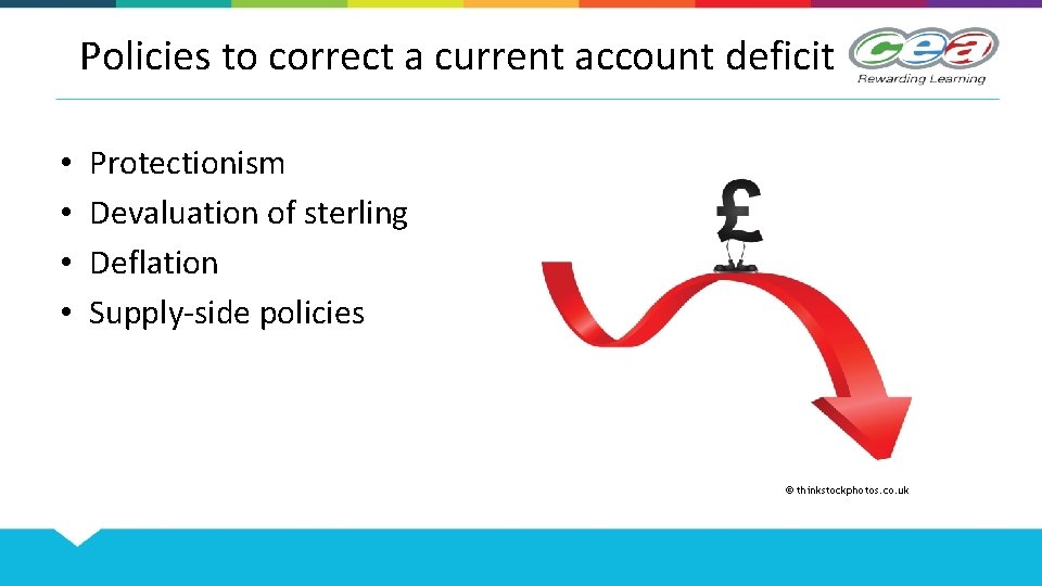 Policies to correct a current account deficit • • Protectionism Devaluation of sterling Deflation