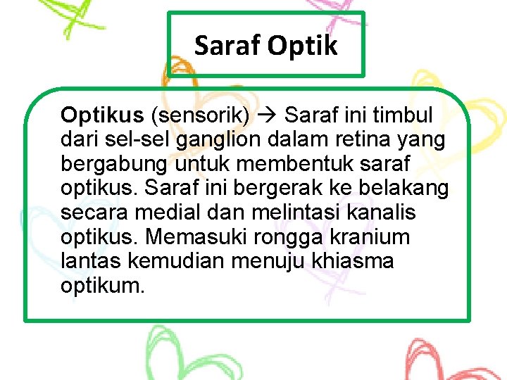 Saraf Optikus (sensorik) Saraf ini timbul dari sel-sel ganglion dalam retina yang bergabung untuk