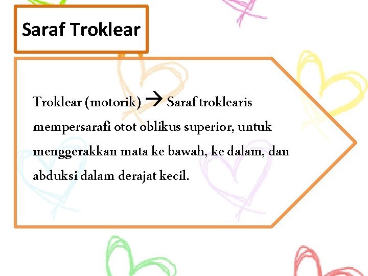 Saraf Troklear (motorik) Saraf troklearis mempersarafi otot oblikus superior, untuk menggerakkan mata ke bawah,