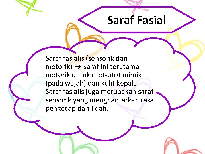 Saraf Fasial Saraf fasialis (sensorik dan motorik) saraf ini terutama motorik untuk otot-otot mimik