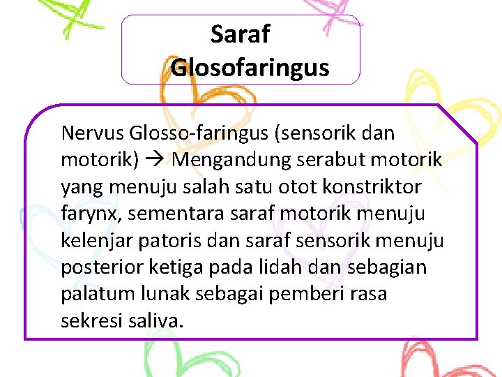 Saraf Glosofaringus Nervus Glosso-faringus (sensorik dan motorik) Mengandung serabut motorik yang menuju salah satu