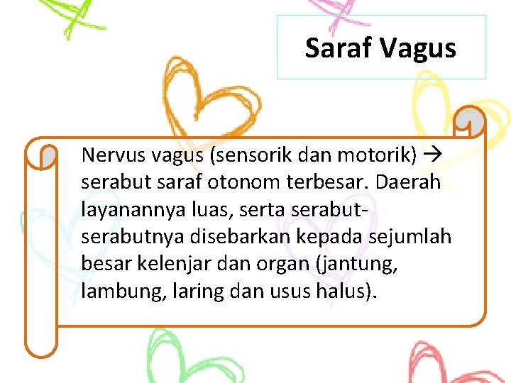 Saraf Vagus Nervus vagus (sensorik dan motorik) serabut saraf otonom terbesar. Daerah layanannya luas,