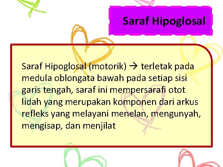 Saraf Hipoglosal (motorik) terletak pada medula oblongata bawah pada setiap sisi garis tengah, saraf