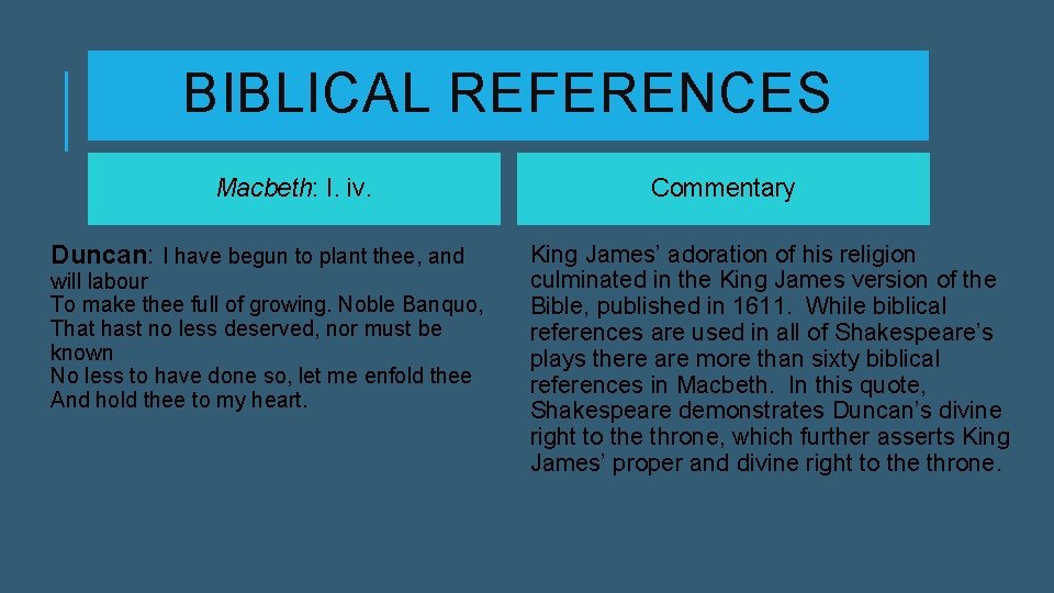 BIBLICAL REFERENCES Macbeth: I. iv. Commentary King James’ adoration of his religion Duncan: I