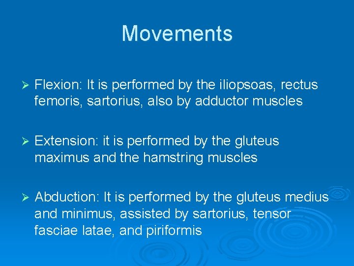 Movements Ø Flexion: It is performed by the iliopsoas, rectus femoris, sartorius, also by