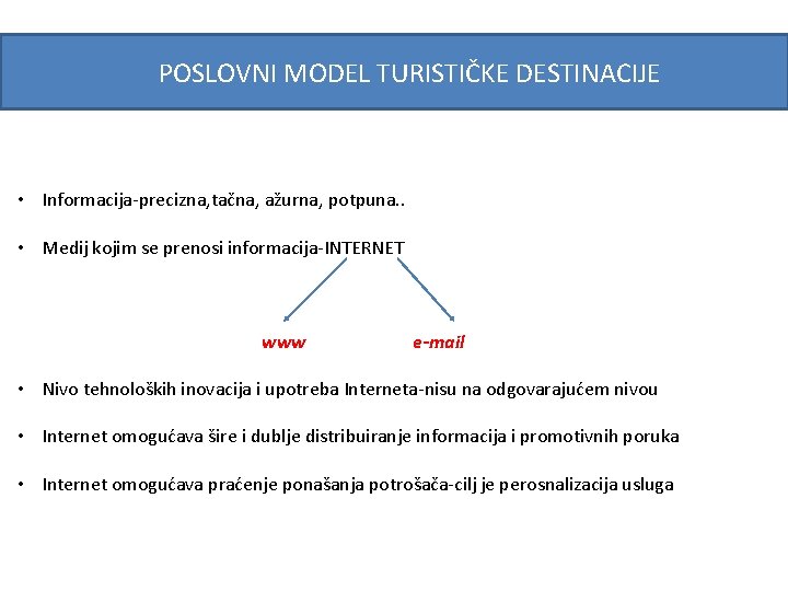 POSLOVNI MODEL TURISTIČKE DESTINACIJE • Informacija-precizna, tačna, ažurna, potpuna. . • Medij kojim se