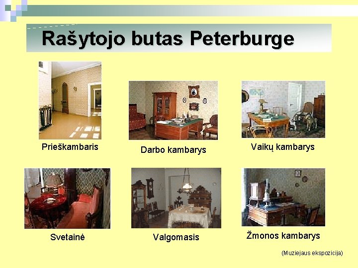 Rašytojo butas Peterburge Prieškambaris Svetainė Darbo kambarys Valgomasis Vaikų kambarys Žmonos kambarys (Muziejaus ekspozicija)