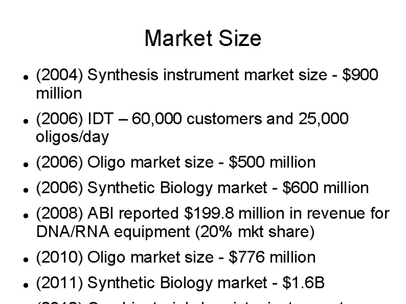 Market Size (2004) Synthesis instrument market size - $900 million (2006) IDT – 60,