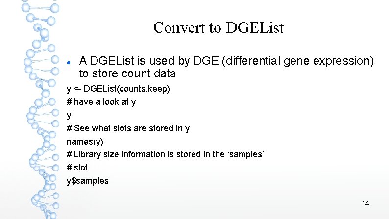 Convert to DGEList A DGEList is used by DGE (differential gene expression) to store