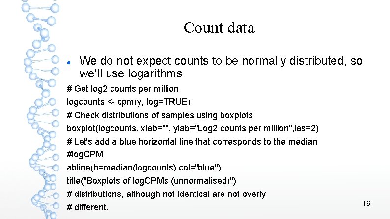 Count data We do not expect counts to be normally distributed, so we’ll use