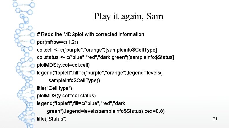 Play it again, Sam # Redo the MDSplot with corrected information par(mfrow=c(1, 2)) col.