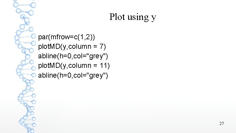 Plot using y par(mfrow=c(1, 2)) plot. MD(y, column = 7) abline(h=0, col="grey") plot. MD(y,