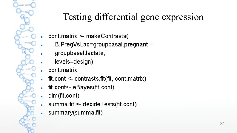 Testing differential gene expression cont. matrix <- make. Contrasts( B. Preg. Vs. Lac=groupbasal. pregnant