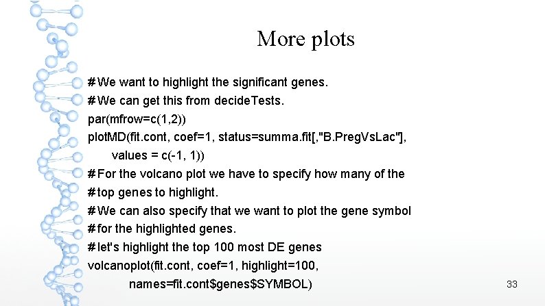 More plots # We want to highlight the significant genes. # We can get