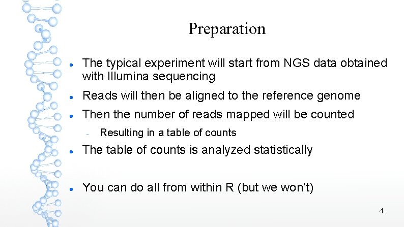 Preparation The typical experiment will start from NGS data obtained with Illumina sequencing Reads