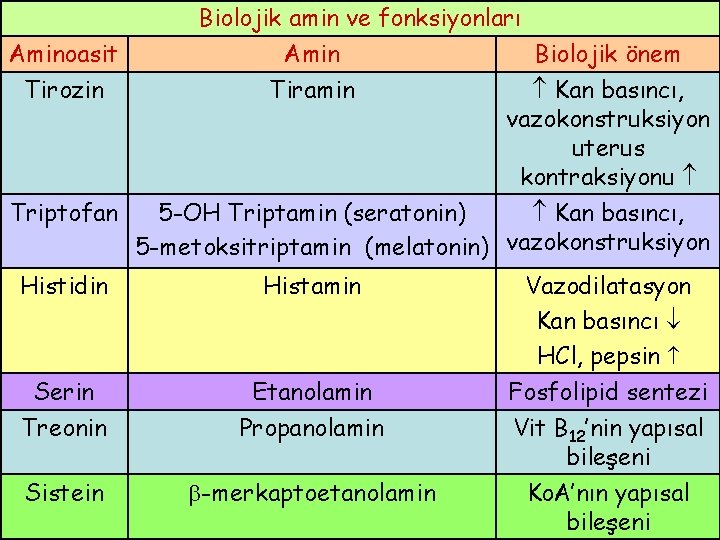 Aminoasit Tirozin Triptofan Biolojik amin ve fonksiyonları Amin Biolojik önem Tiramin Kan basıncı, vazokonstruksiyon