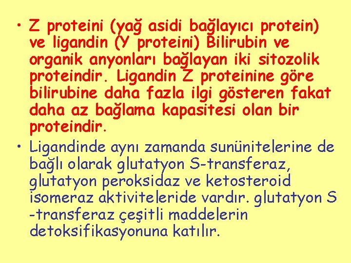  • Z proteini (yağ asidi bağlayıcı protein) ve ligandin (Y proteini) Bilirubin ve