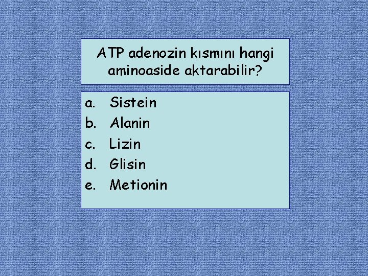 ATP adenozin kısmını hangi aminoaside aktarabilir? a. b. c. d. e. Sistein Alanin Lizin