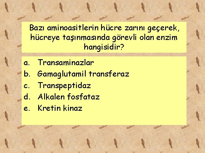 Bazı aminoasitlerin hücre zarını geçerek, hücreye taşınmasında görevli olan enzim hangisidir? a. b. c.