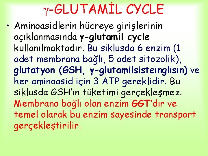  -GLUTAMİL CYCLE • Aminoasidlerin hücreye girişlerinin açıklanmasında -glutamil cycle kullanılmaktadır. Bu siklusda 6