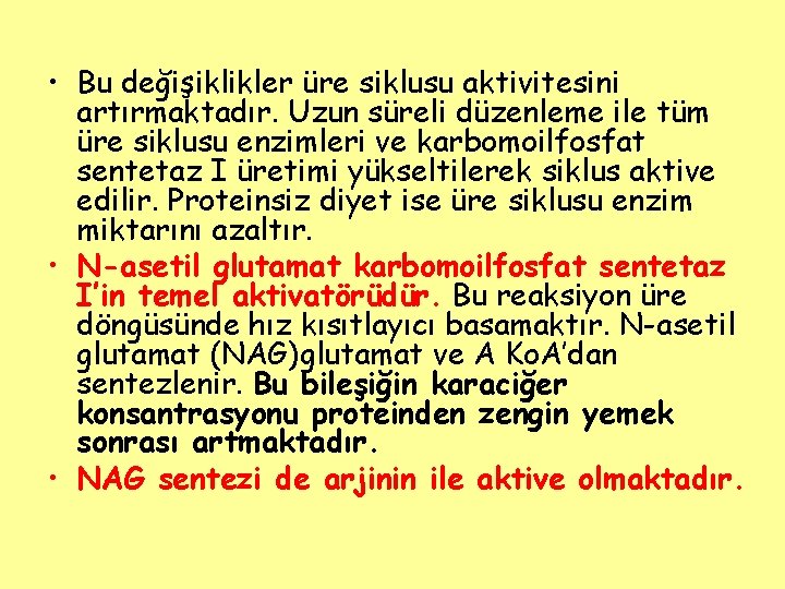  • Bu değişiklikler üre siklusu aktivitesini artırmaktadır. Uzun süreli düzenleme ile tüm üre