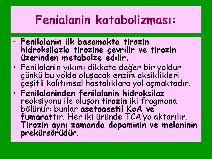 Fenialanin katabolizması: • Fenilalanin ilk basamakta tirozin hidroksilazla tirozine çevrilir ve tirozin üzerinden metabolze