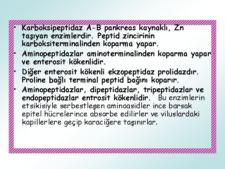  • Karboksipeptidaz A-B pankreas kaynaklı, Zn taşıyan enzimlerdir. Peptid zincirinin karboksiterminalinden koparma yapar.