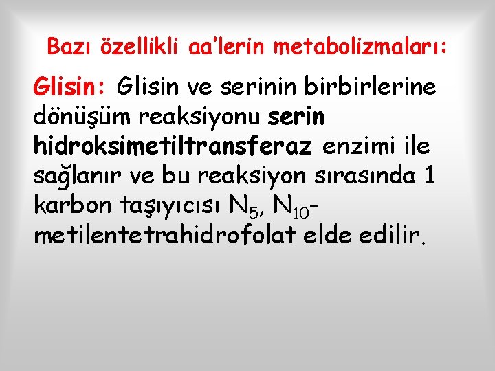 Bazı özellikli aa’lerin metabolizmaları: Glisin: Glisin ve serinin birbirlerine dönüşüm reaksiyonu serin hidroksimetiltransferaz enzimi