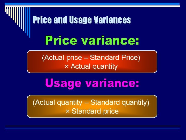 Price and Usage Variances (Actual price – Standard Price) × Actual quantity (Actual quantity