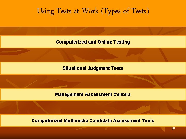 Using Tests at Work (Types of Tests) Computerized and Online Testing Situational Judgment Tests Using Tests at Work (Types of Tests) Computerized and Online Testing Situational Judgment Tests