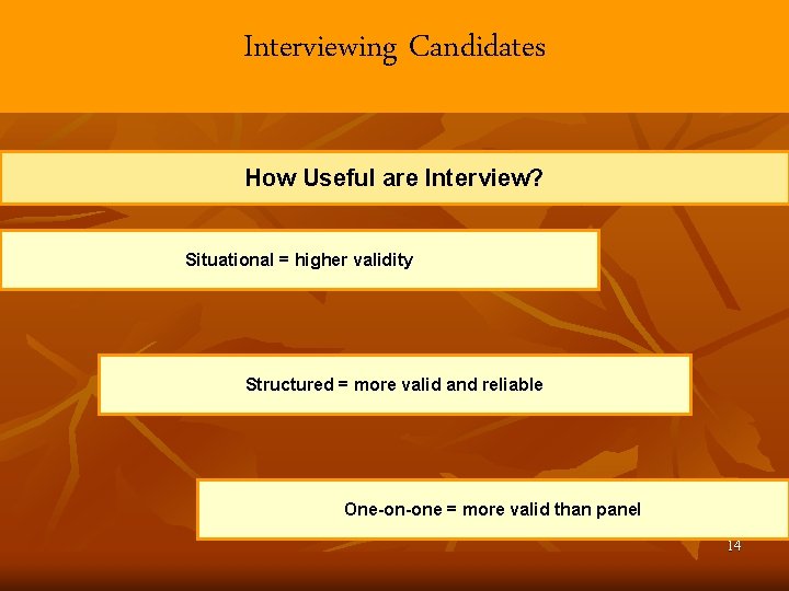 Interviewing Candidates How Useful are Interview? Situational = higher validity Structured = more valid Interviewing Candidates How Useful are Interview? Situational = higher validity Structured = more valid