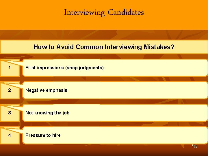 Interviewing Candidates How to Avoid Common Interviewing Mistakes? 1 First impressions (snap judgments). 2 Interviewing Candidates How to Avoid Common Interviewing Mistakes? 1 First impressions (snap judgments). 2