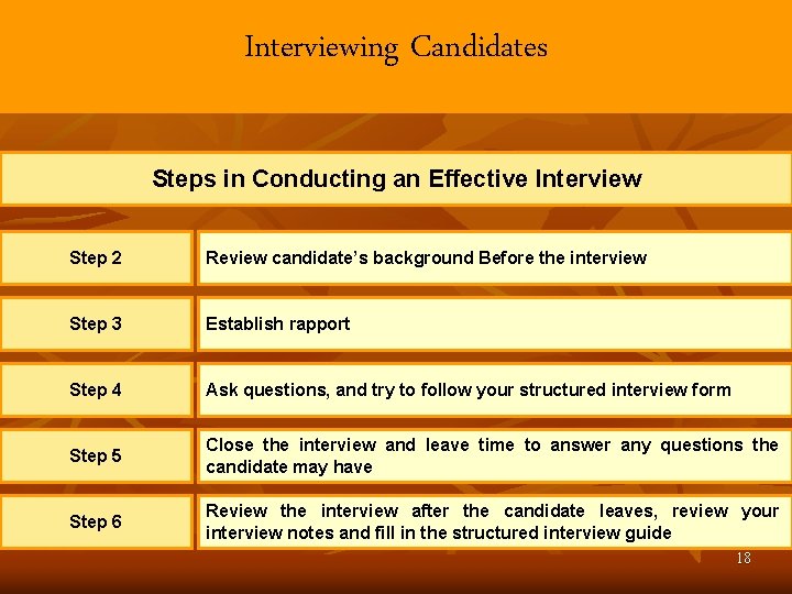 Interviewing Candidates Steps in Conducting an Effective Interview Step 2 Review candidate’s background Before