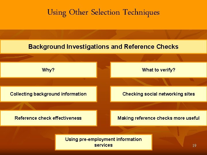 Using Other Selection Techniques Background Investigations and Reference Checks Why? What to verify? Collecting Using Other Selection Techniques Background Investigations and Reference Checks Why? What to verify? Collecting