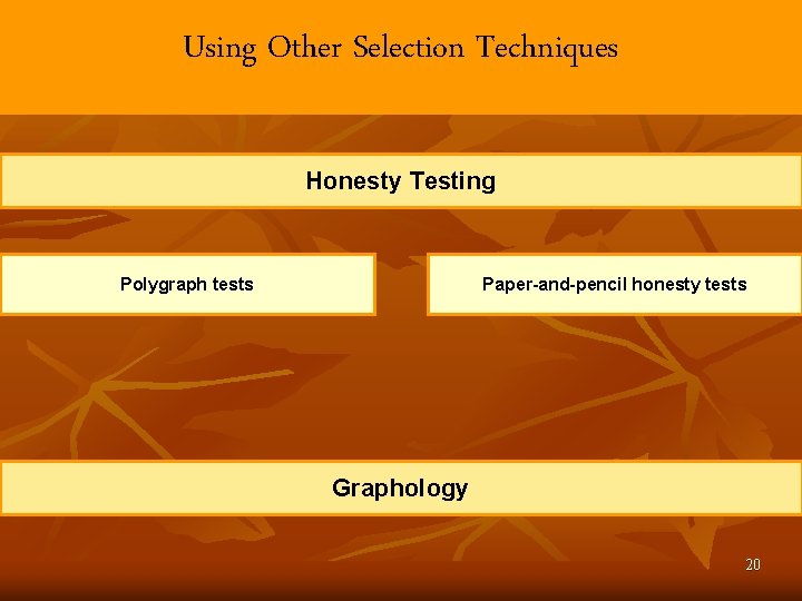Using Other Selection Techniques Honesty Testing Polygraph tests Paper-and-pencil honesty tests Graphology 20 