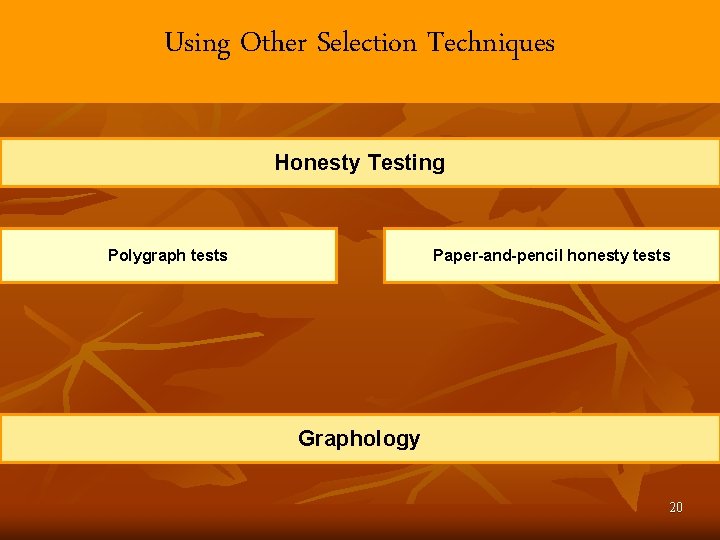 Using Other Selection Techniques Honesty Testing Polygraph tests Paper-and-pencil honesty tests Graphology 20 Using Other Selection Techniques Honesty Testing Polygraph tests Paper-and-pencil honesty tests Graphology 20