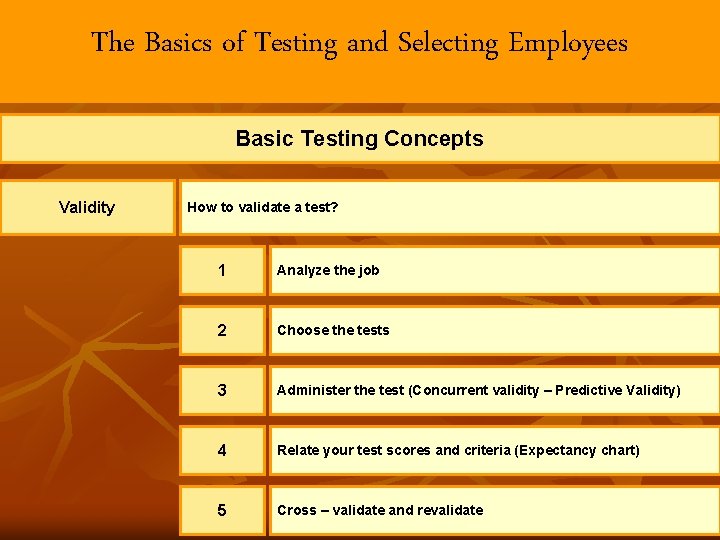 The Basics of Testing and Selecting Employees Basic Testing Concepts Validity How to validate The Basics of Testing and Selecting Employees Basic Testing Concepts Validity How to validate