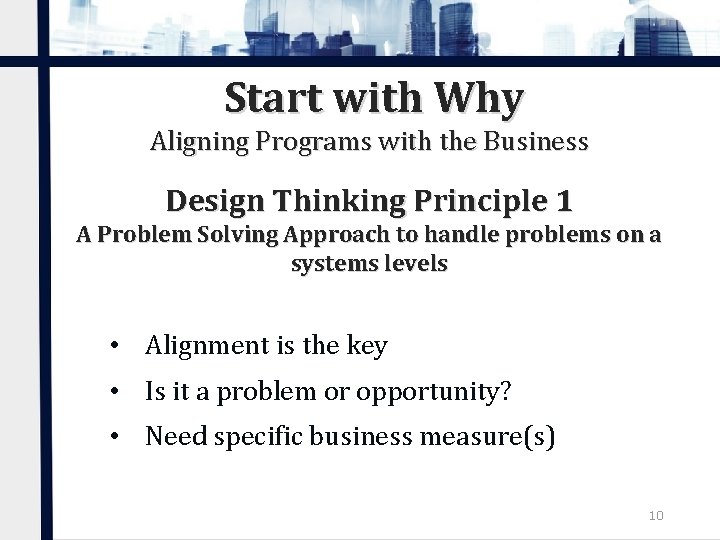 Start with Why Aligning Programs with the Business Design Thinking Principle 1 A Problem