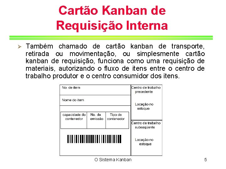 Cartão Kanban de Requisição Interna Ø Também chamado de cartão kanban de transporte, retirada