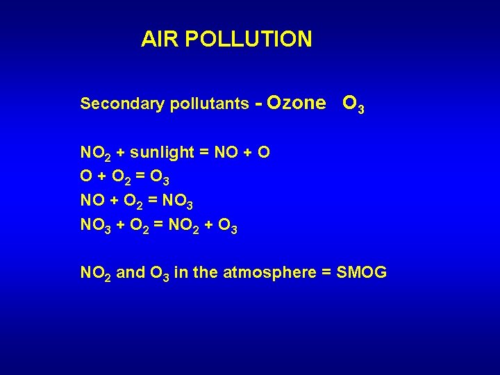 AIR POLLUTION Secondary pollutants - Ozone O 3 NO 2 + sunlight = NO