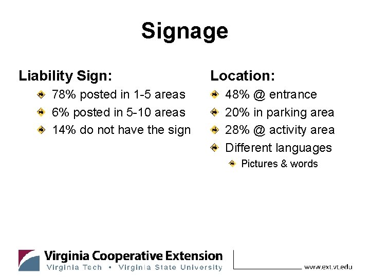 Signage Liability Sign: 78% posted in 1 -5 areas 6% posted in 5 -10