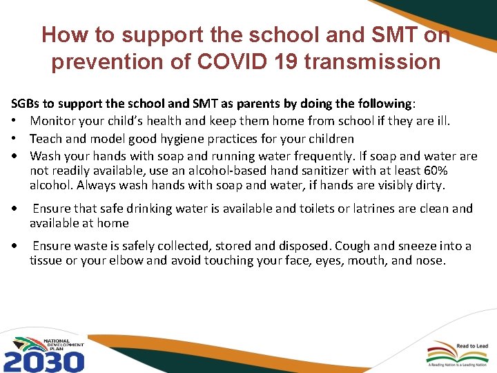 How to support the school and SMT on prevention of COVID 19 transmission SGBs