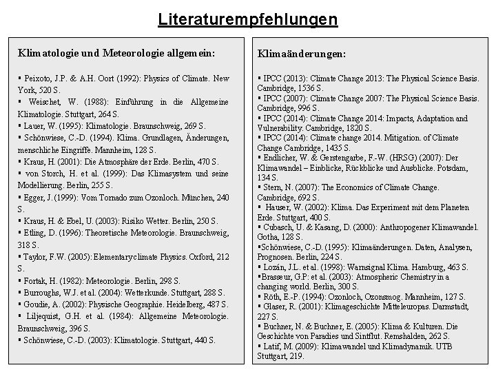 Literaturempfehlungen Klimatologie und Meteorologie allgemein: Klimaänderungen: § Peixoto, J. P. & A. H. Oort