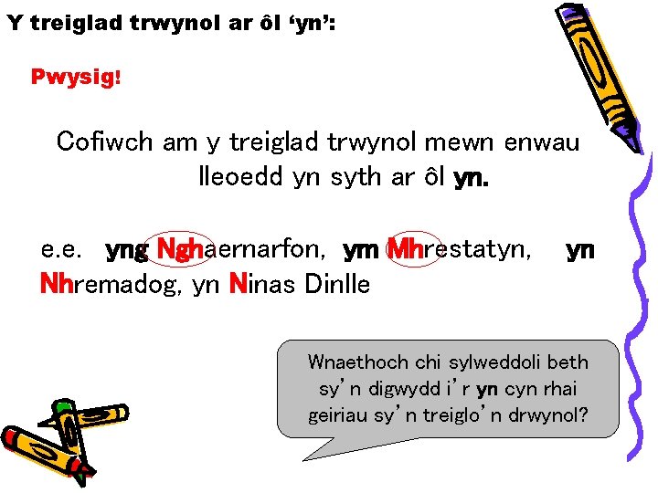Y treiglad trwynol ar ôl ‘yn’: Pwysig! Cofiwch am y treiglad trwynol mewn enwau