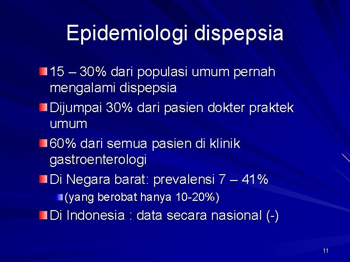 Epidemiologi dispepsia 15 – 30% dari populasi umum pernah mengalami dispepsia Dijumpai 30% dari Epidemiologi dispepsia 15 – 30% dari populasi umum pernah mengalami dispepsia Dijumpai 30% dari