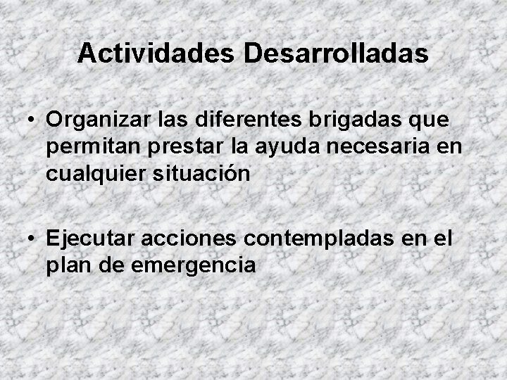 Actividades Desarrolladas • Organizar las diferentes brigadas que permitan prestar la ayuda necesaria en