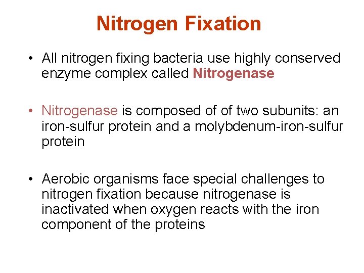 Nitrogen Fixation • All nitrogen fixing bacteria use highly conserved enzyme complex called Nitrogenase