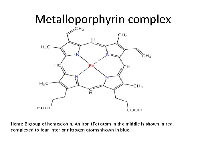 Metalloporphyrin complex Heme B group of hemoglobin. An iron (Fe) atom in the middle