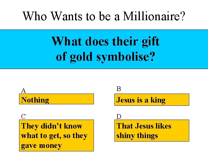 Who Wants to be a Millionaire? What does their gift of gold symbolise? A